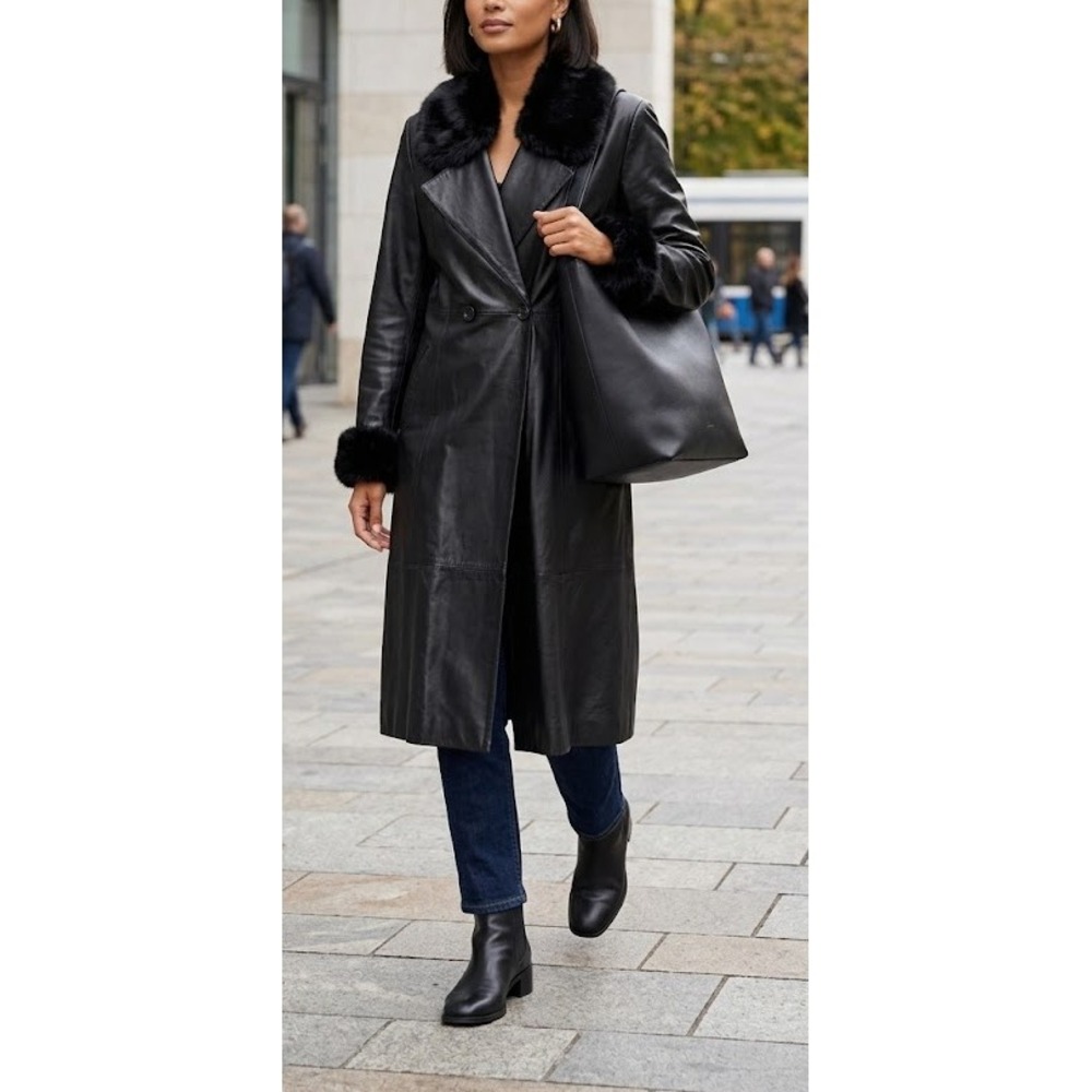 Mary Albert Italy Vintage Black Vera Pelle Leather Detachable Fur Trench Coat 42